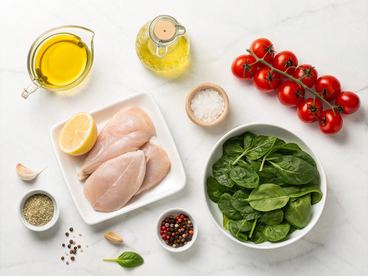 Ingredients for a high protein low carb meal including chicken, spinach, and tomatoes.