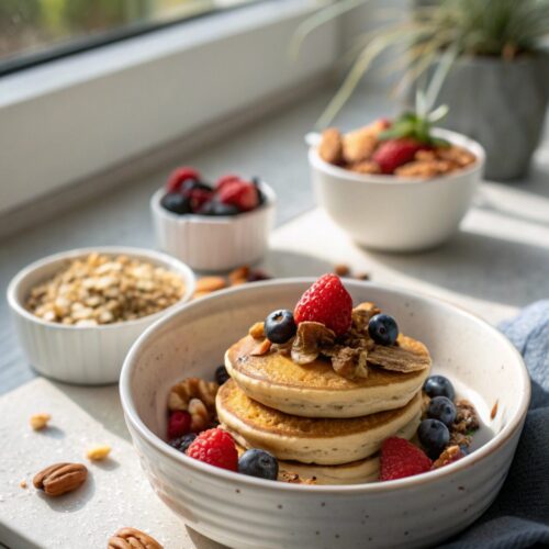 Close-up of high protein pancake bowl with fresh berries