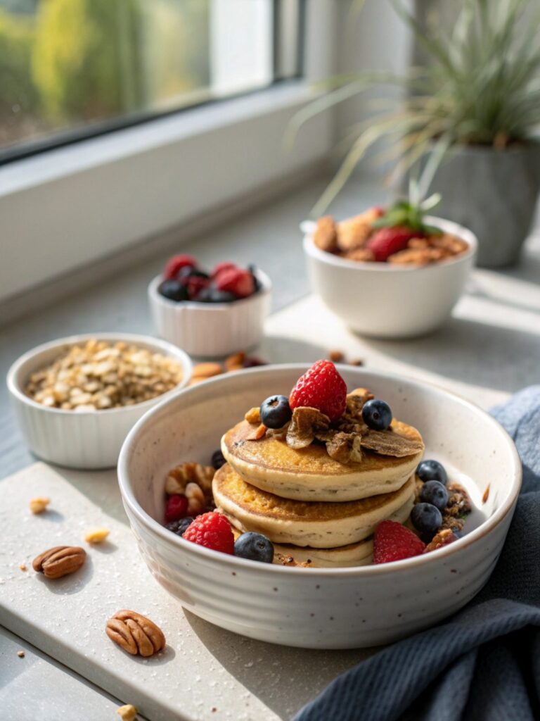 Close-up of high protein pancake bowl with fresh berries