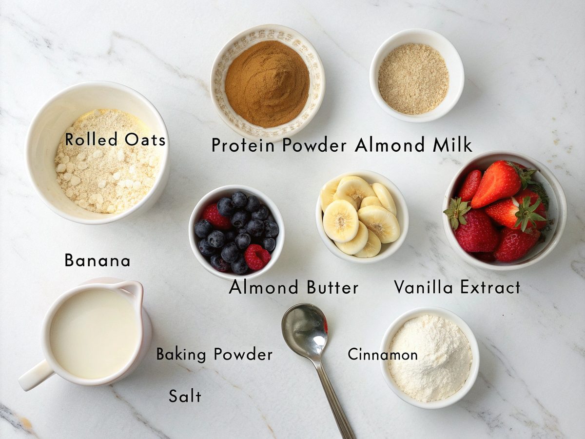 Ingredients for a high protein pancake bowl neatly arranged.