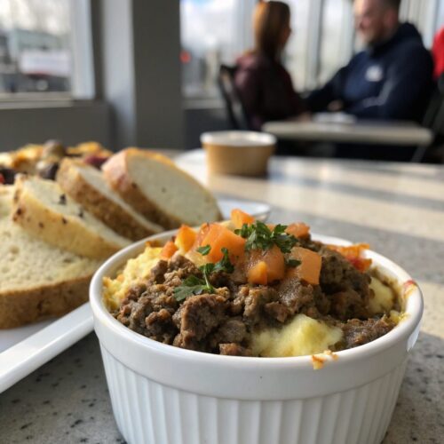 Hobo casserole ground beef served in a dish.