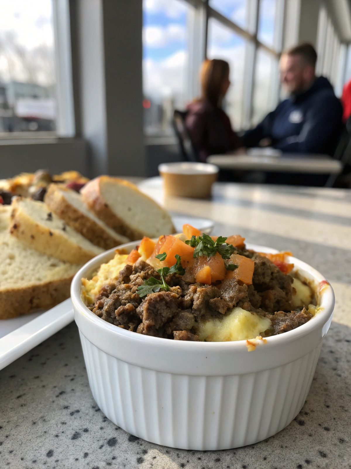 Hobo casserole ground beef served in a dish.