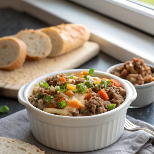 A freshly baked hobo casserole recipe with ground beef, golden brown and ready to serve.