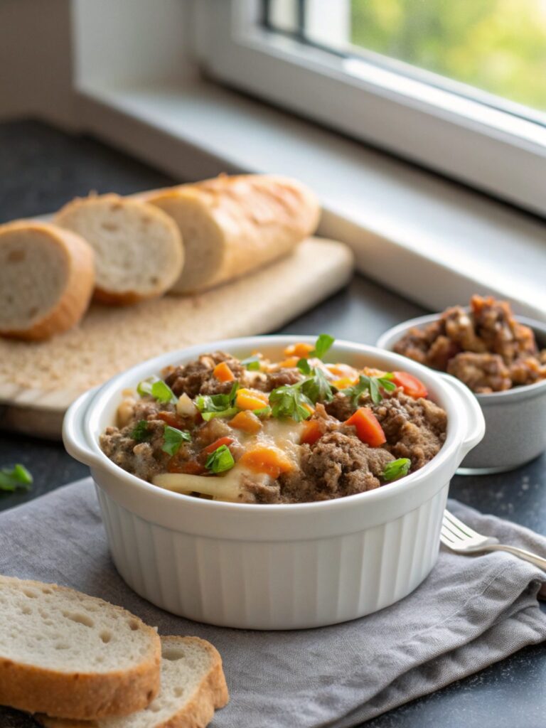 A freshly baked hobo casserole recipe with ground beef, golden brown and ready to serve.