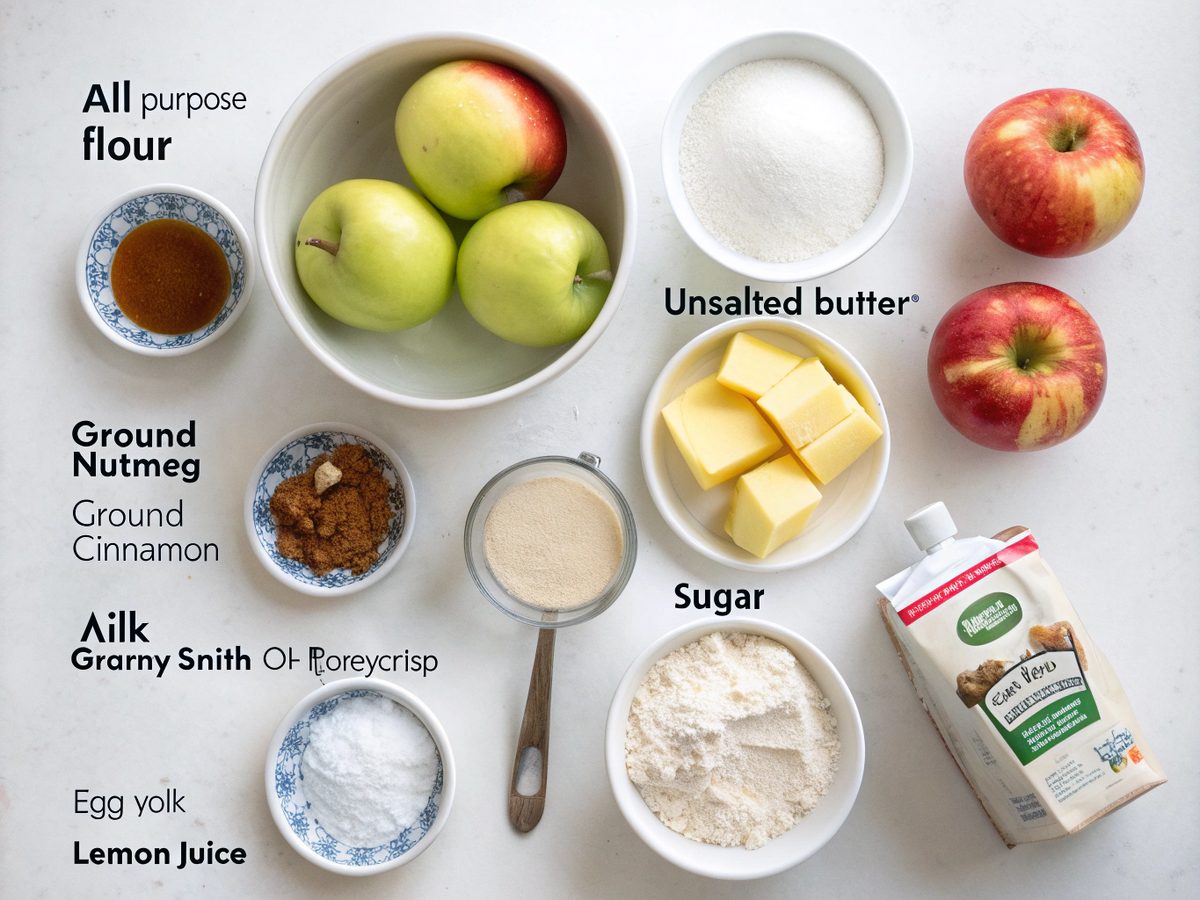 Illustration of the ingredients for making homemade apple pie.