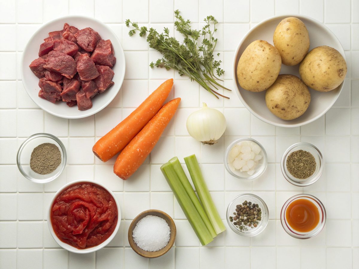 An SEO-friendly alt tag describing the image of recipe, including homemade beef stew ingredients.