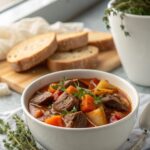 Hearty homemade beef stew served warm in a ceramic bowl.