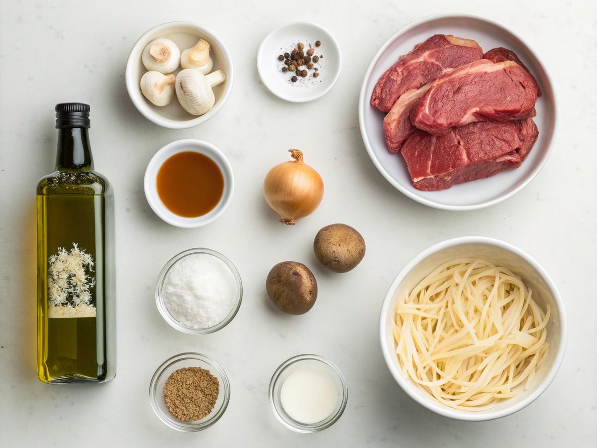 Illustration of ingredients used for homemade beef stroganoff
