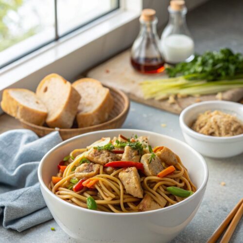 A delightful presentation of the Chicken Lo Mein Recipe, rich with colors and textures.