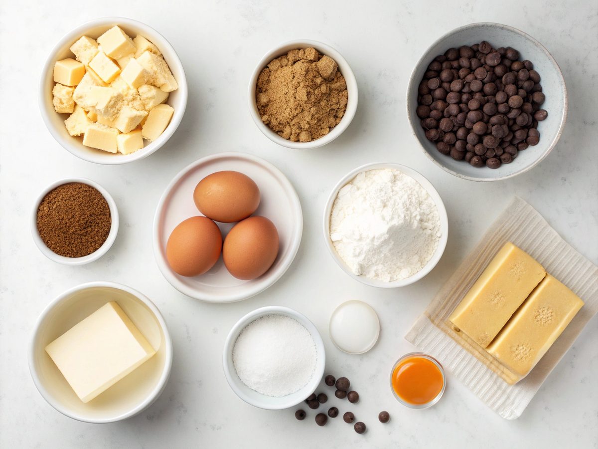 Ingredients for making homemade chocolate chip cookies including butter, sugar, eggs, and chocolate chips.