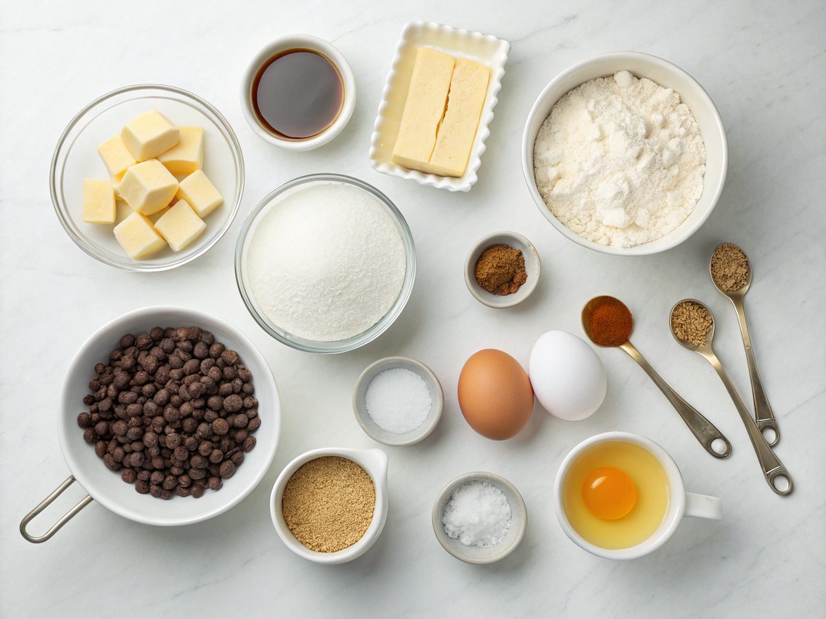 Ingredients for homemade chocolate chip cookies on a counter