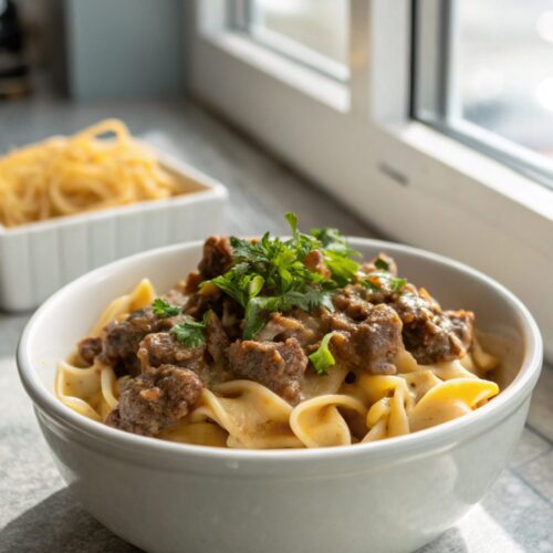 Mouth-watering homemade hamburger beef stroganoff served fresh and hot.