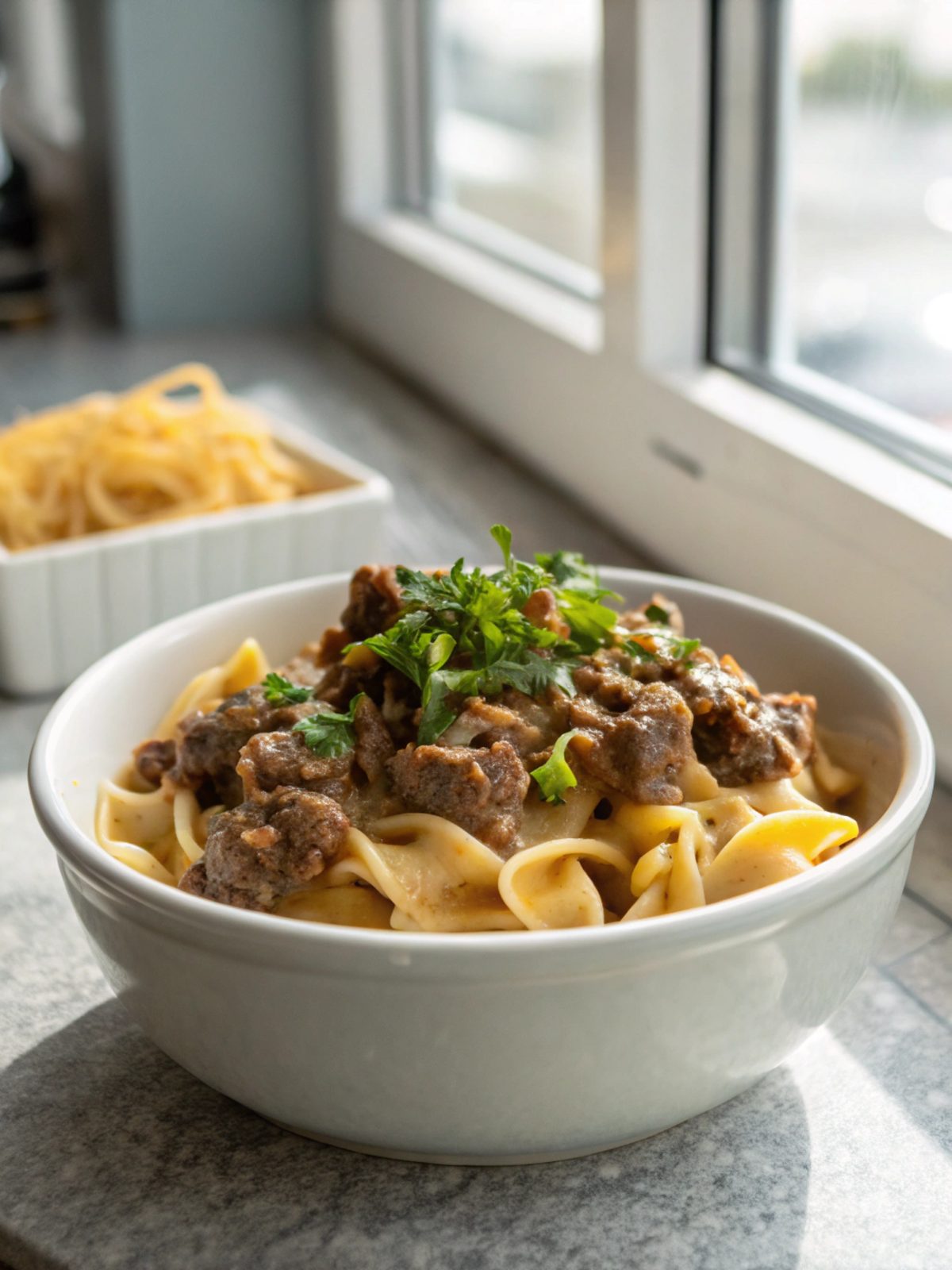 Mouth-watering homemade hamburger beef stroganoff served fresh and hot.