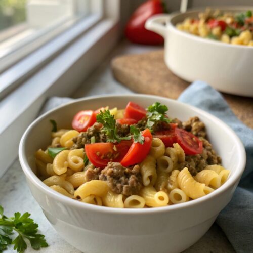 Beautiful bowl of homemade hamburger helper, featuring cheesy pasta and beef.