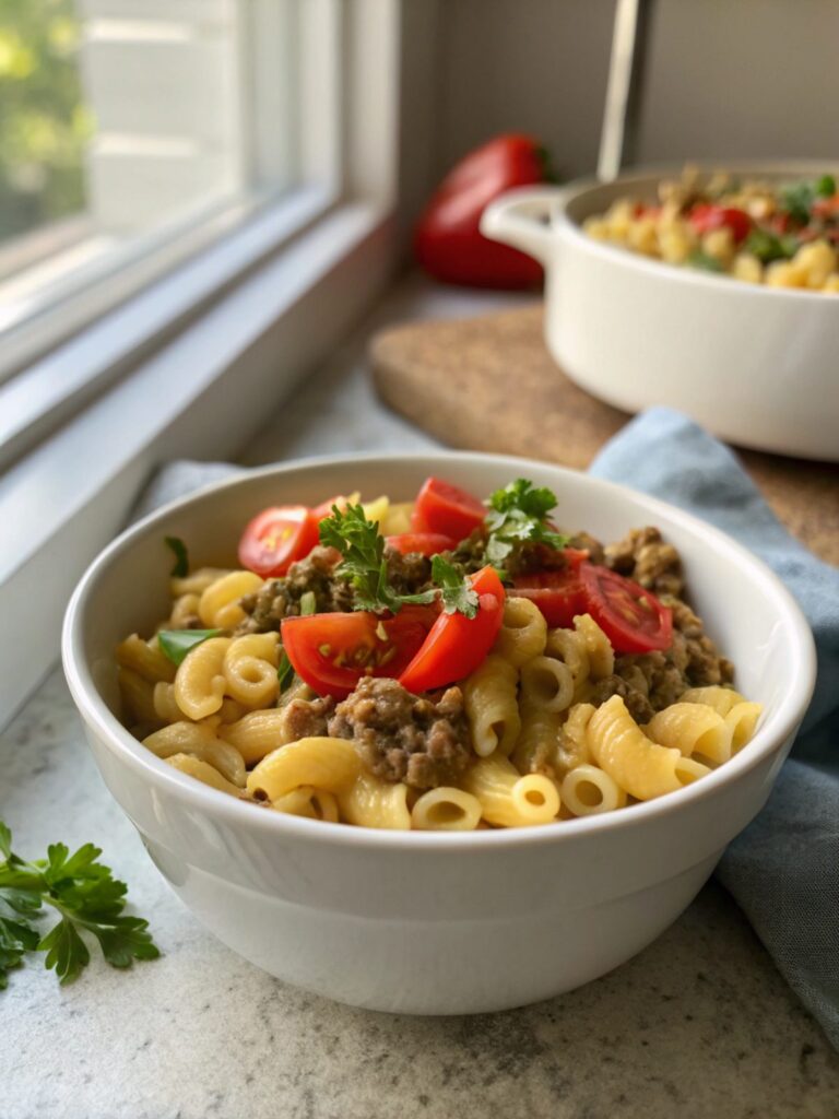 Beautiful bowl of homemade hamburger helper, featuring cheesy pasta and beef.
