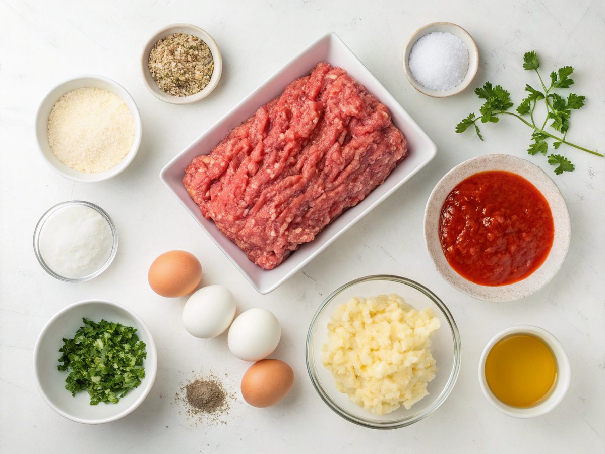 Ingredients for making homemade Italian meatballs with beef and pork.