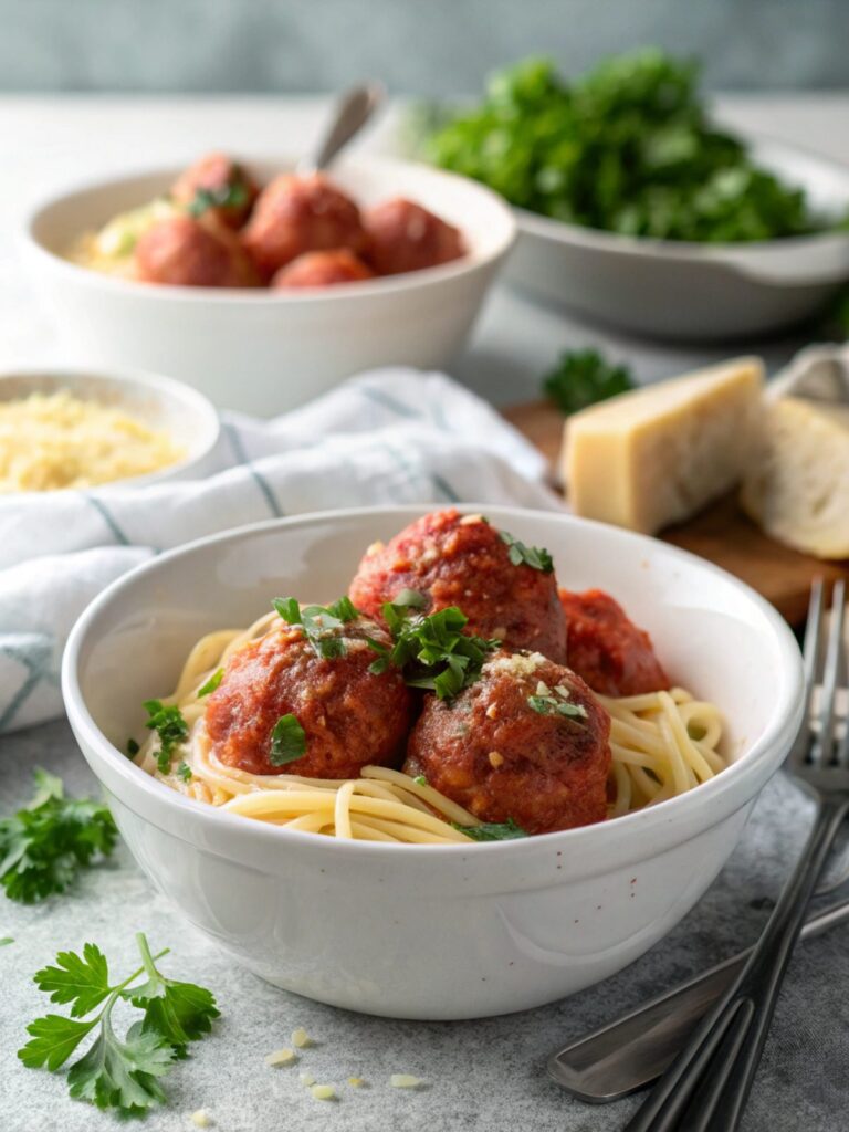 A plate of homemade Italian meatballs garnished with fresh herbs.