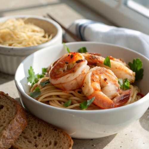 Beautifully presented honey garlic shrimp dinner served on a plate.