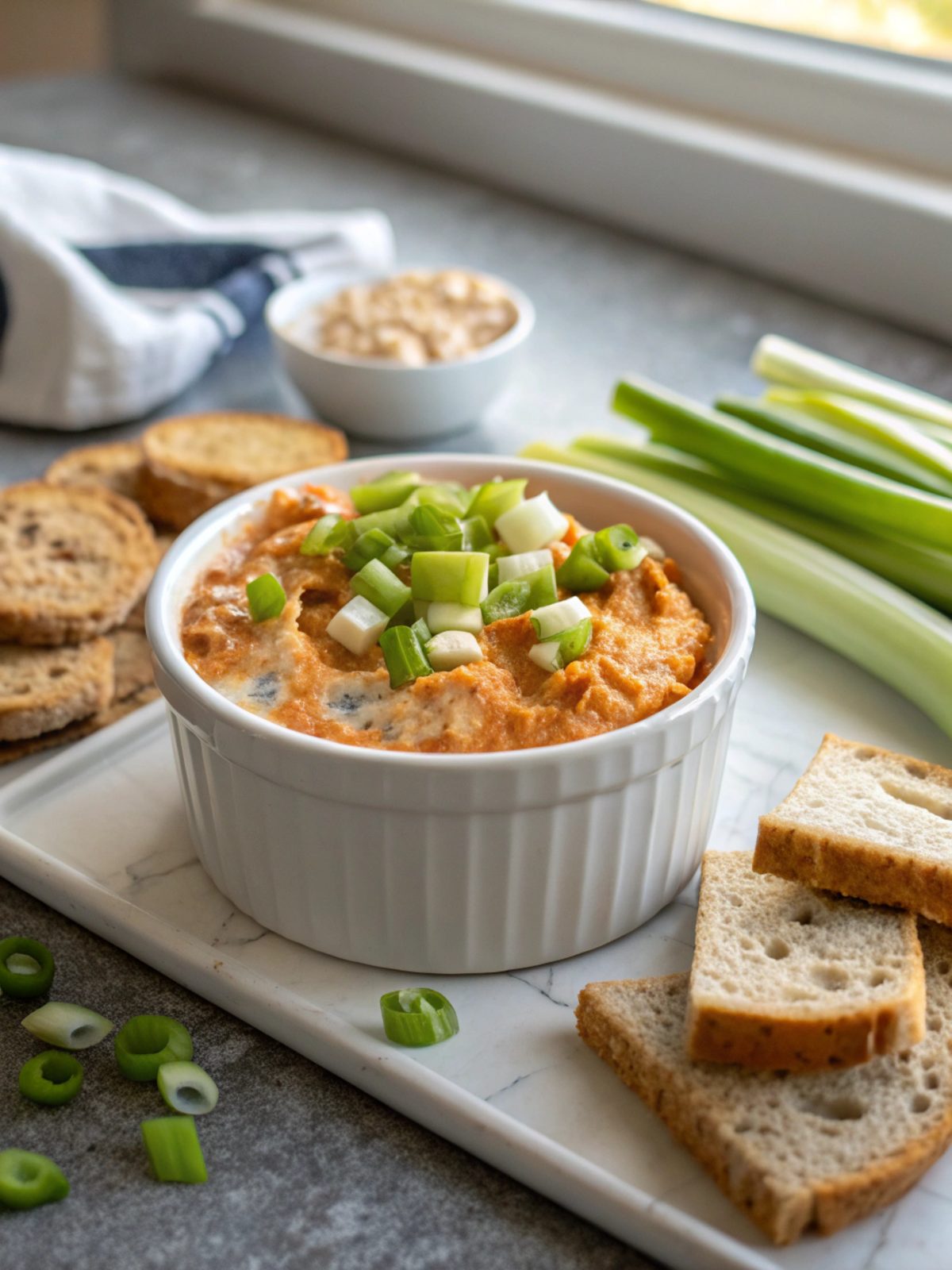 Featured image of Buffalo Chicken Dip in a white bowl