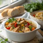 Savory chicken skillet garnished with fresh herbs
