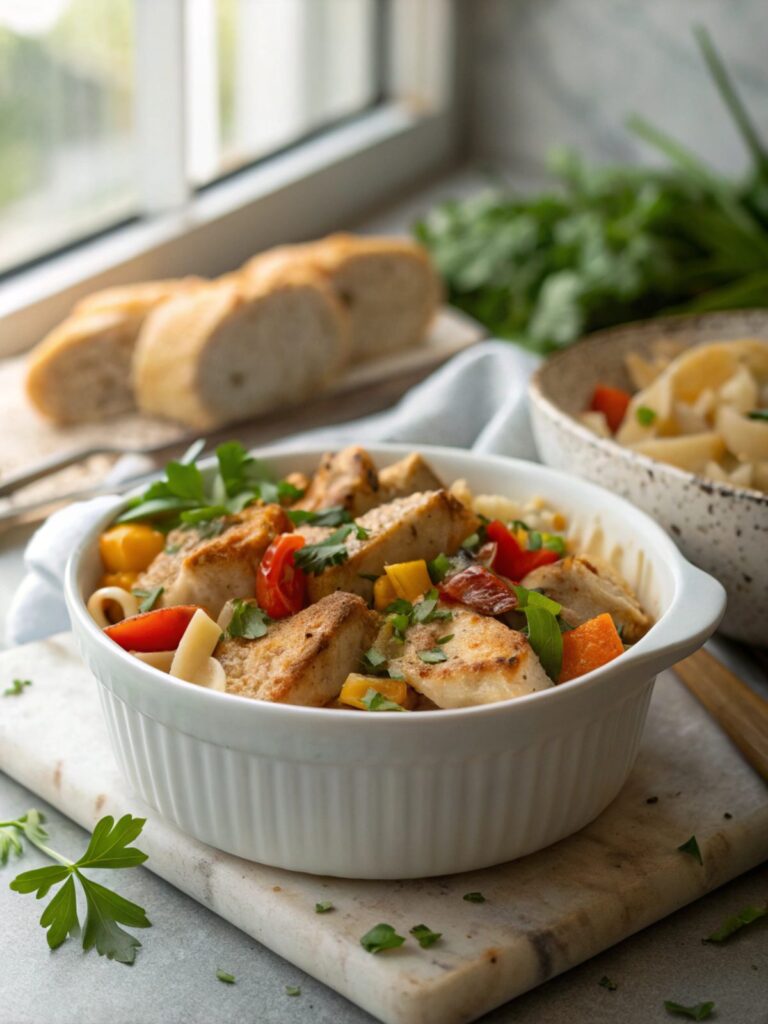 Savory chicken skillet garnished with fresh herbs