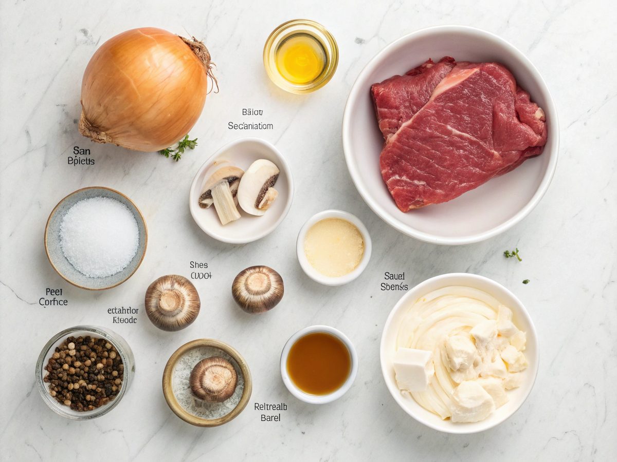A flat lay illustration of ingredients for Ina Garten Beef Stroganoff recipe.