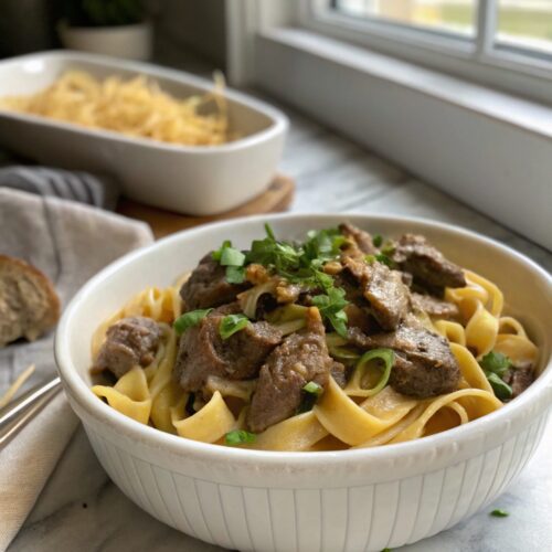 Fine dining photograph of Ina Garten's Filet Stroganoff