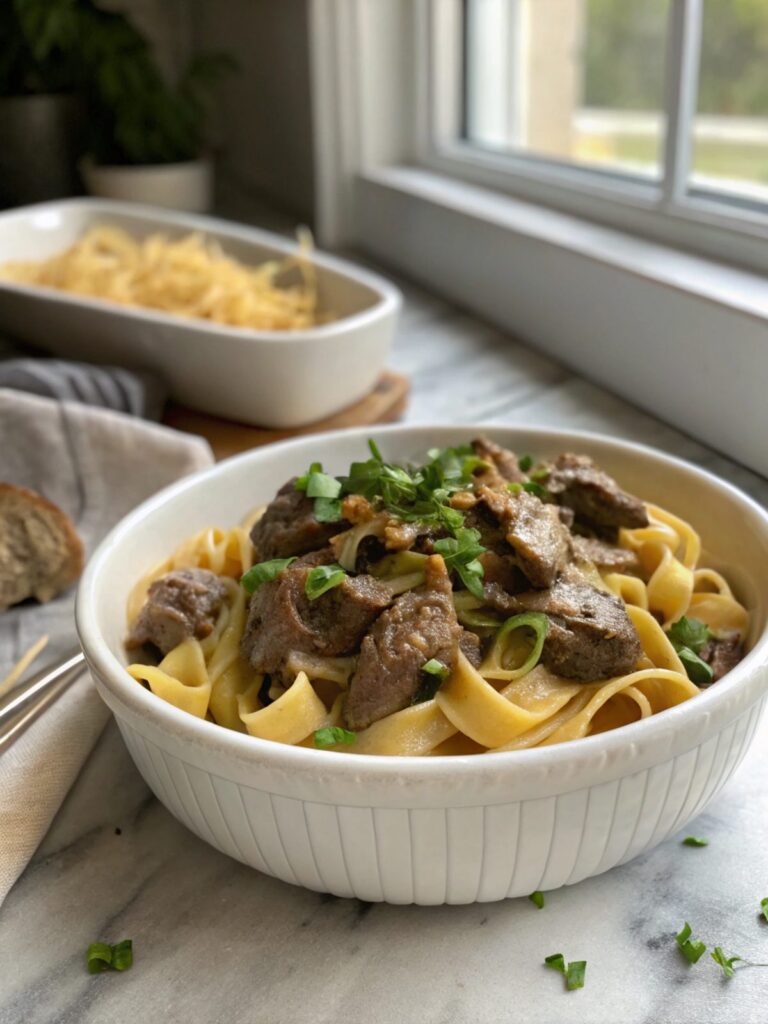 Fine dining photograph of Ina Garten's Filet Stroganoff