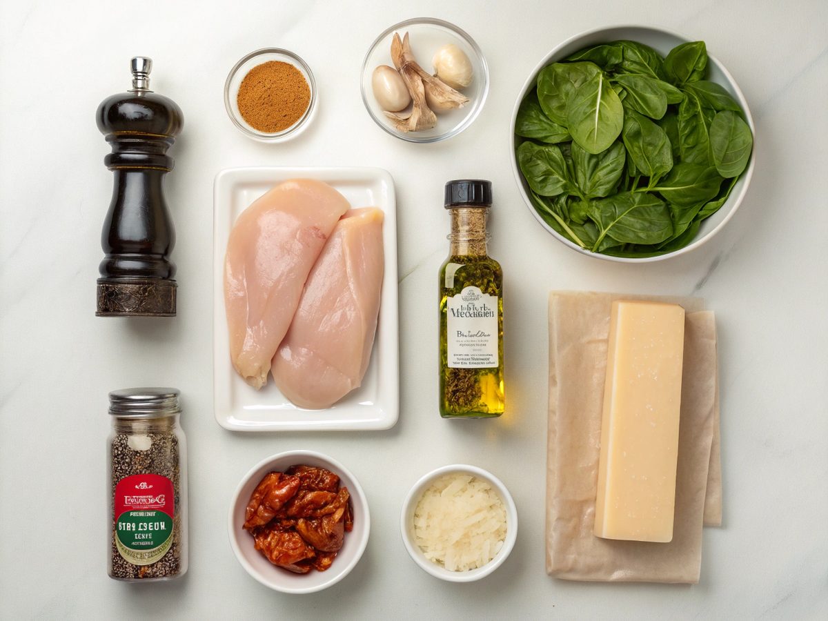 Flat lay of ingredients for making creamy Tuscan garlic chicken
