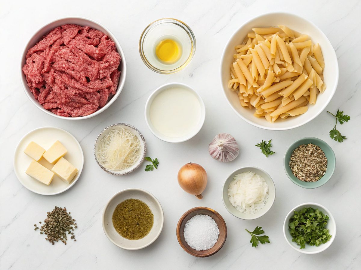 Flat lay of ingredients for creamy ground beef pasta