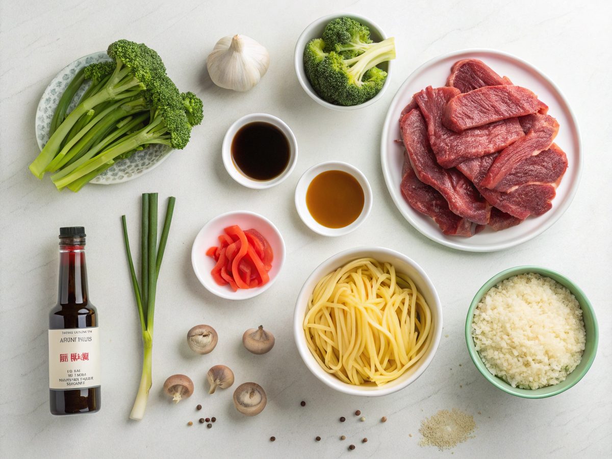 A visual display of ingredients for the 30-minute beef noodles recipe.