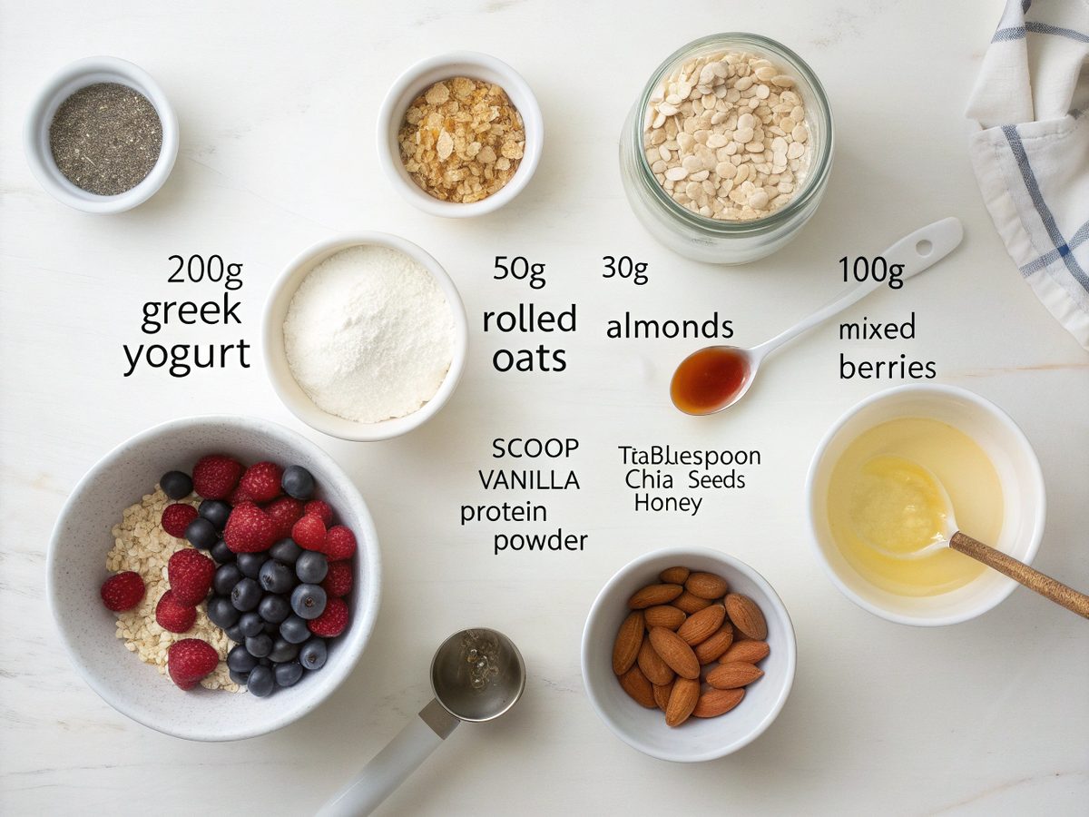 Visual overview of ingredients for a 30g Protein Breakfast Bowl recipe.