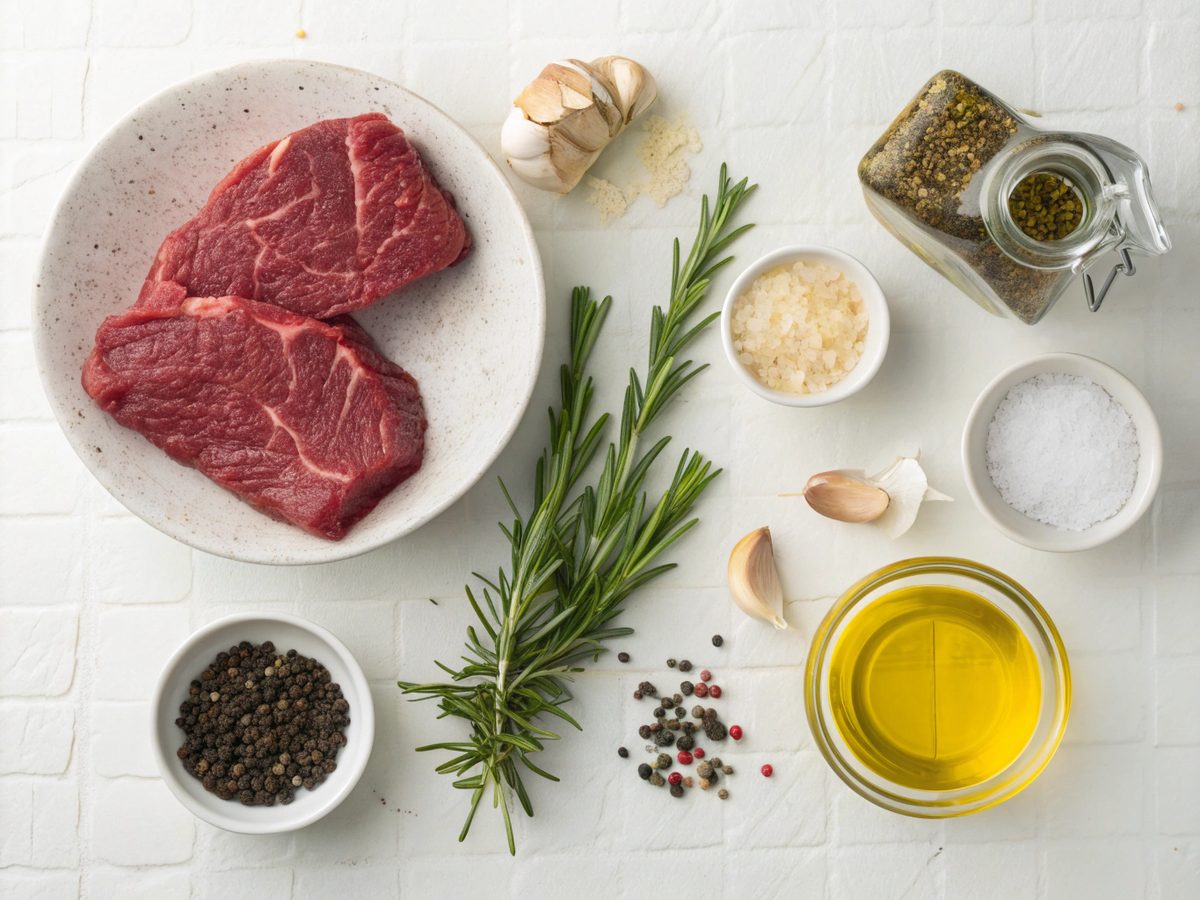 A flat lay view of ingredients necessary for a beef tenderloin recipe in the oven.