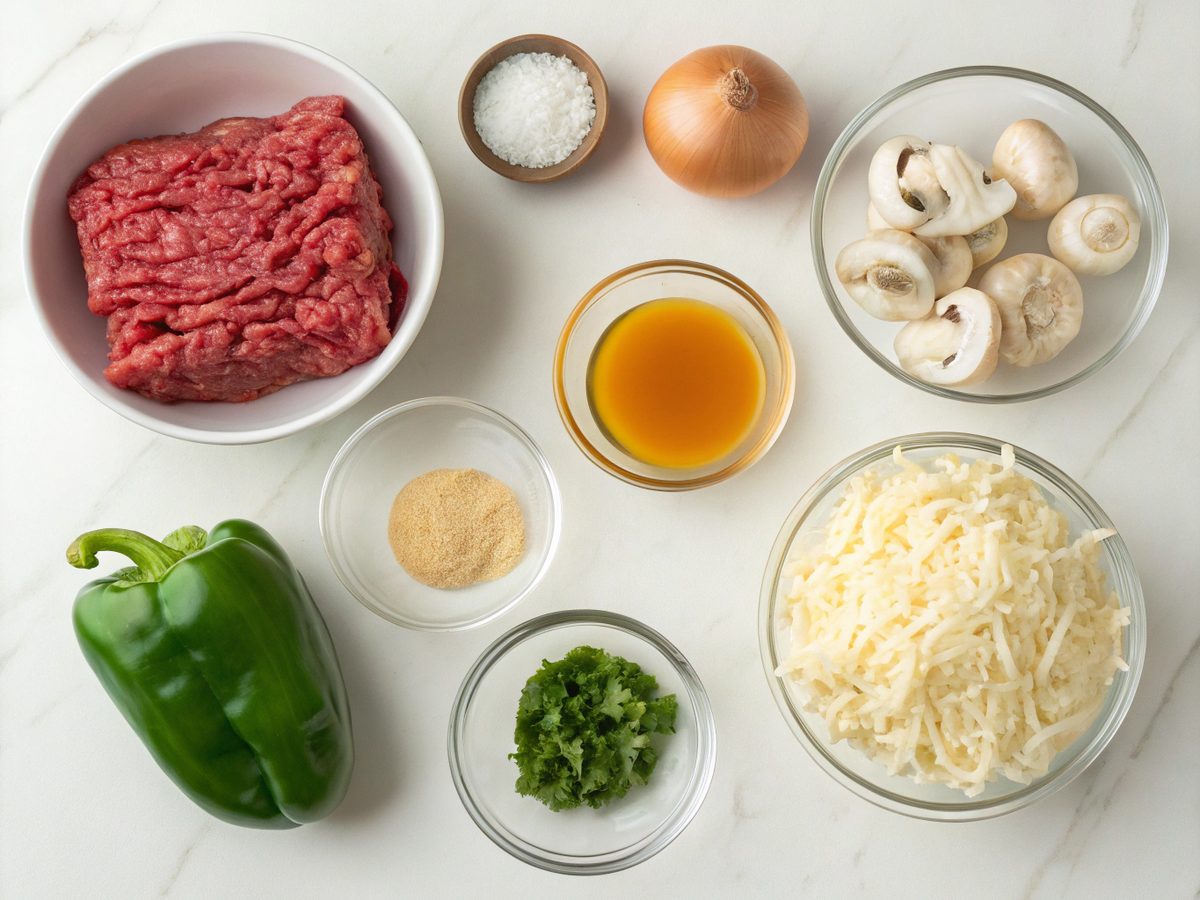 Visual display of ingredients for the Amish Hamburger Steak Bake recipe