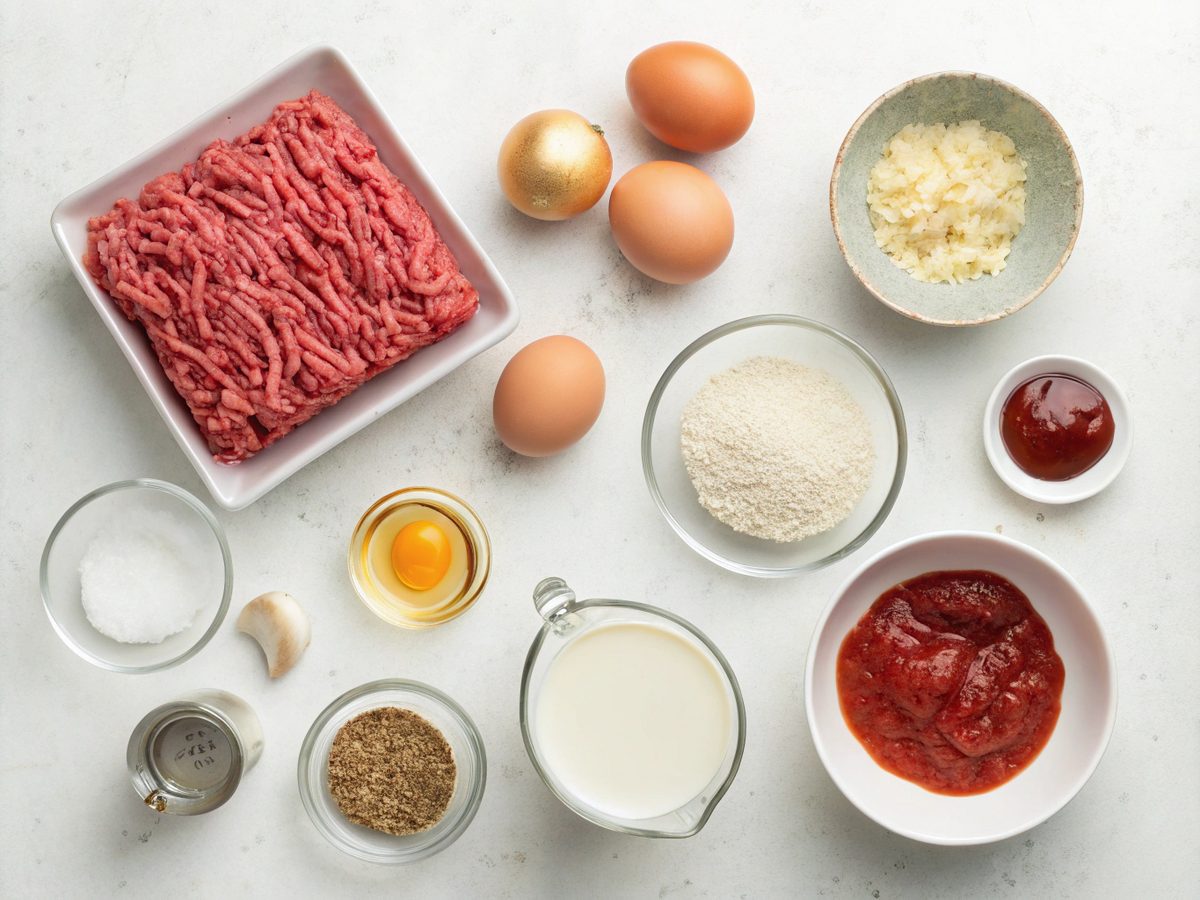 Ingredients required for Amish Hamburger Steak Bake, including ground beef and spices.