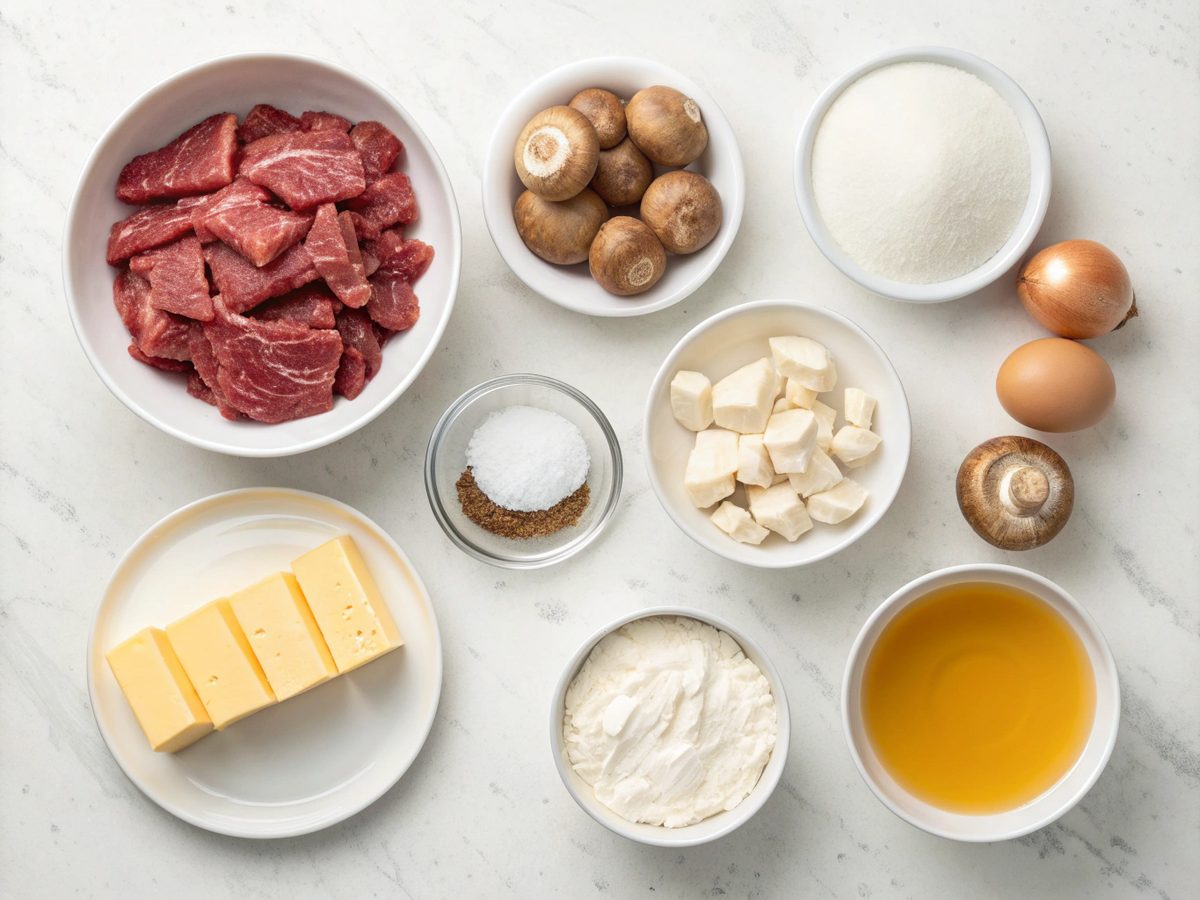 Ingredients layout for an authentic beef stroganoff recipe