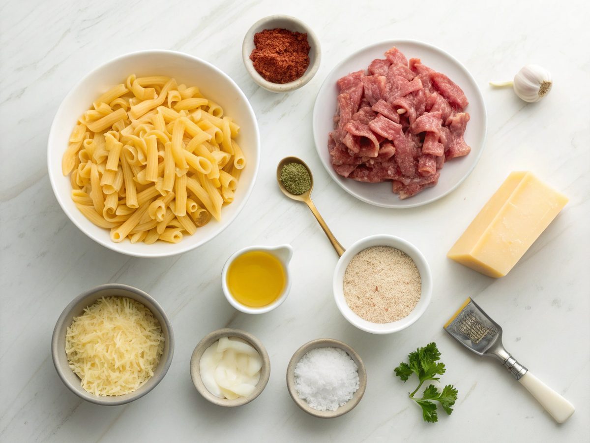Visual of ingredients for making Bacon Cheeseburger Alfredo Pasta.