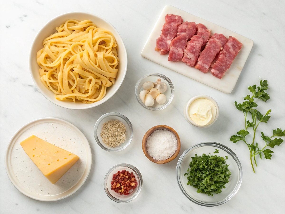 Visual display of ingredients for bacon cheeseburger Alfredo pasta