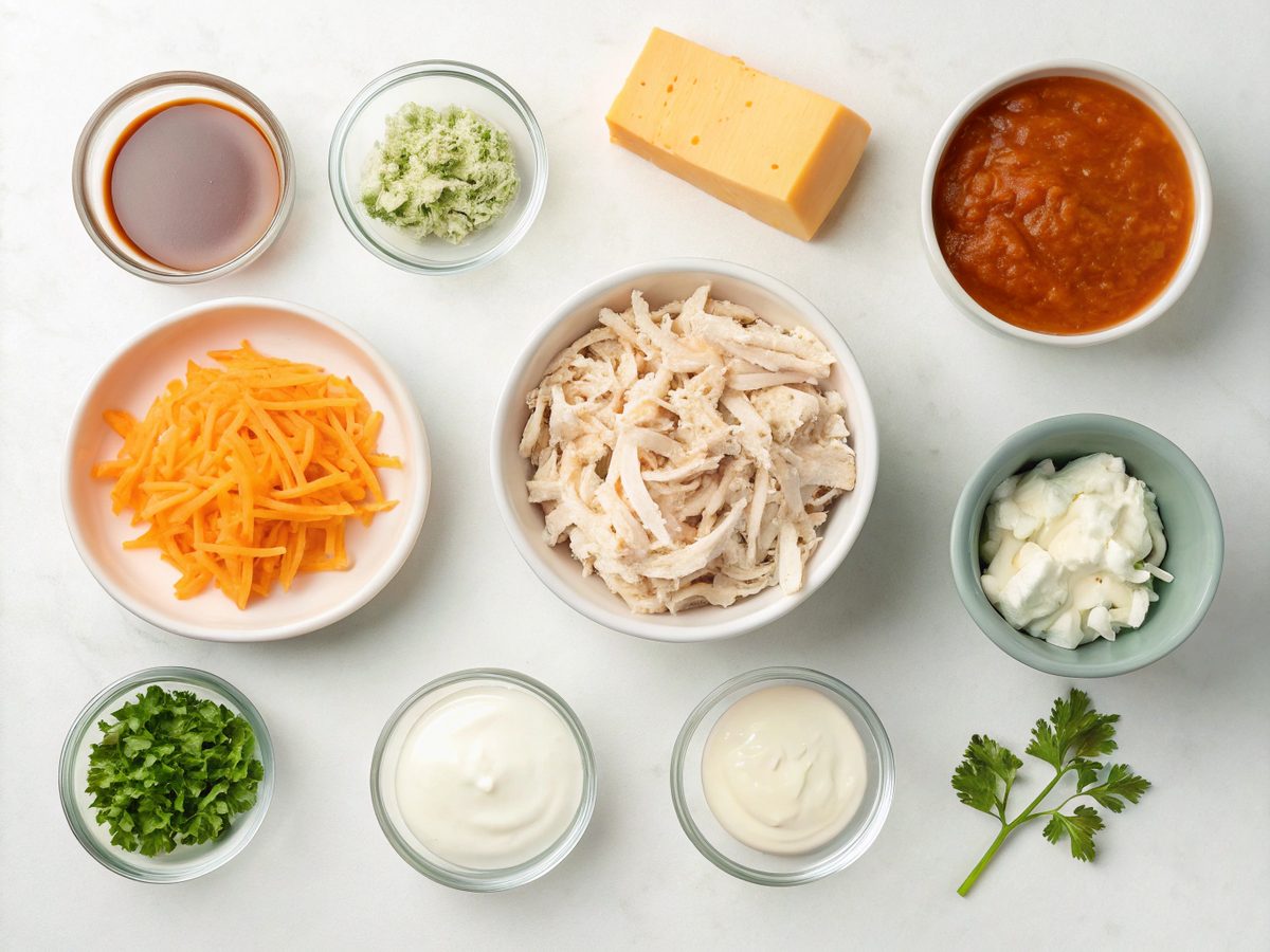 All the ingredients needed for the baked buffalo chicken dip recipe laid out on a countertop.