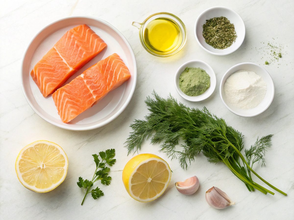 Ingredients used to make Baked Lemon Herb Salmon, including fresh herbs and lemon