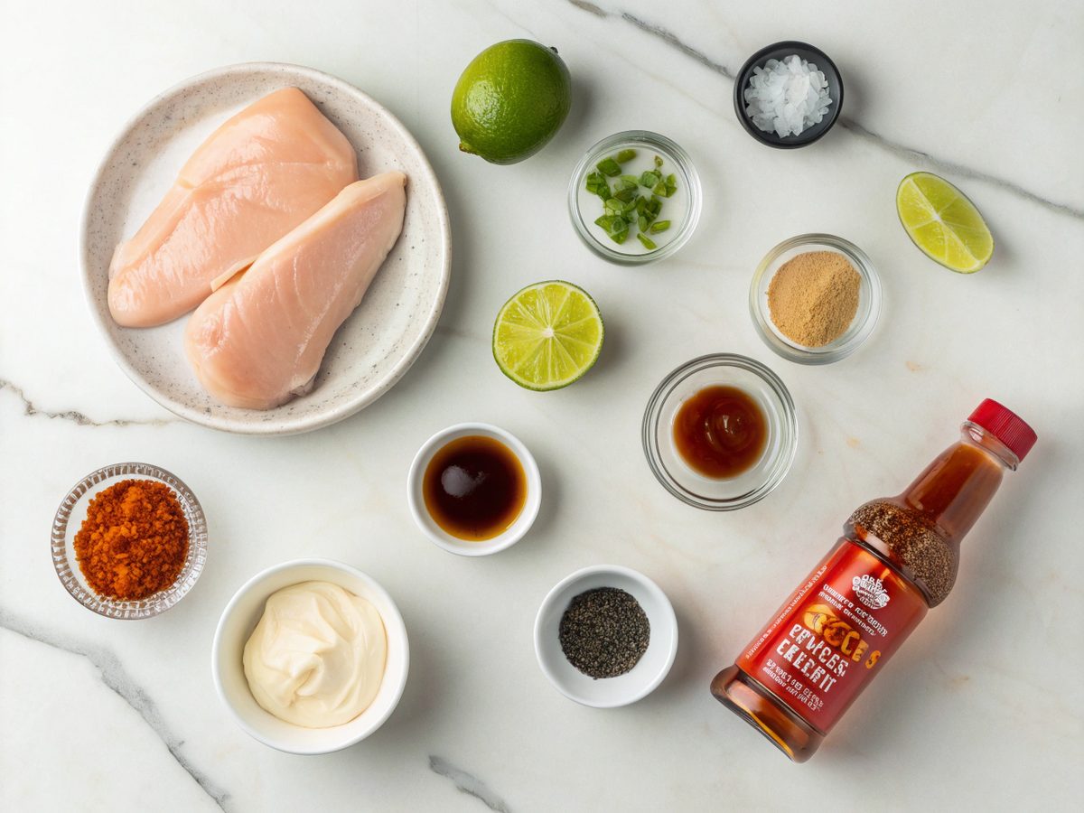 A flat lay of ingredients for making bang bang chicken skewers
