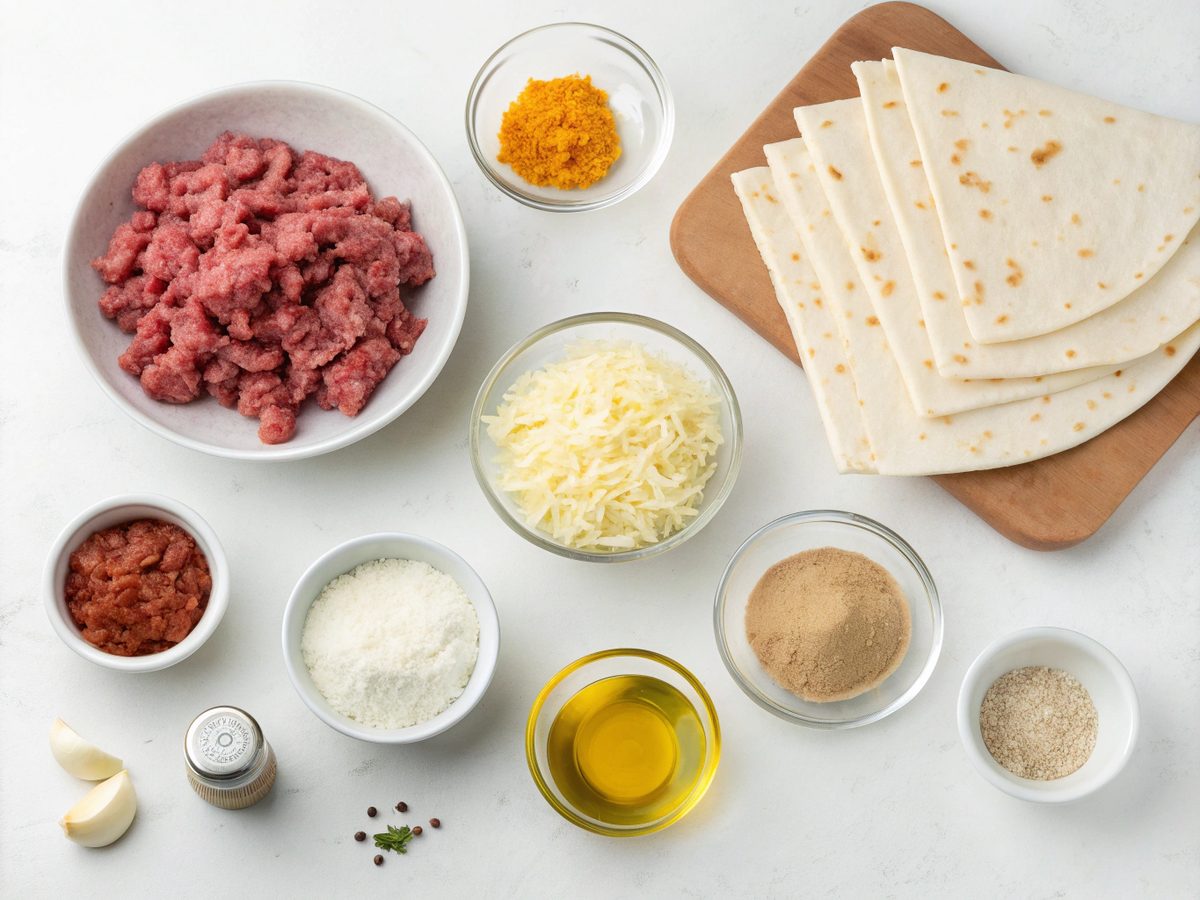 Flat lay of ingredients for beef and cheese chimichangas