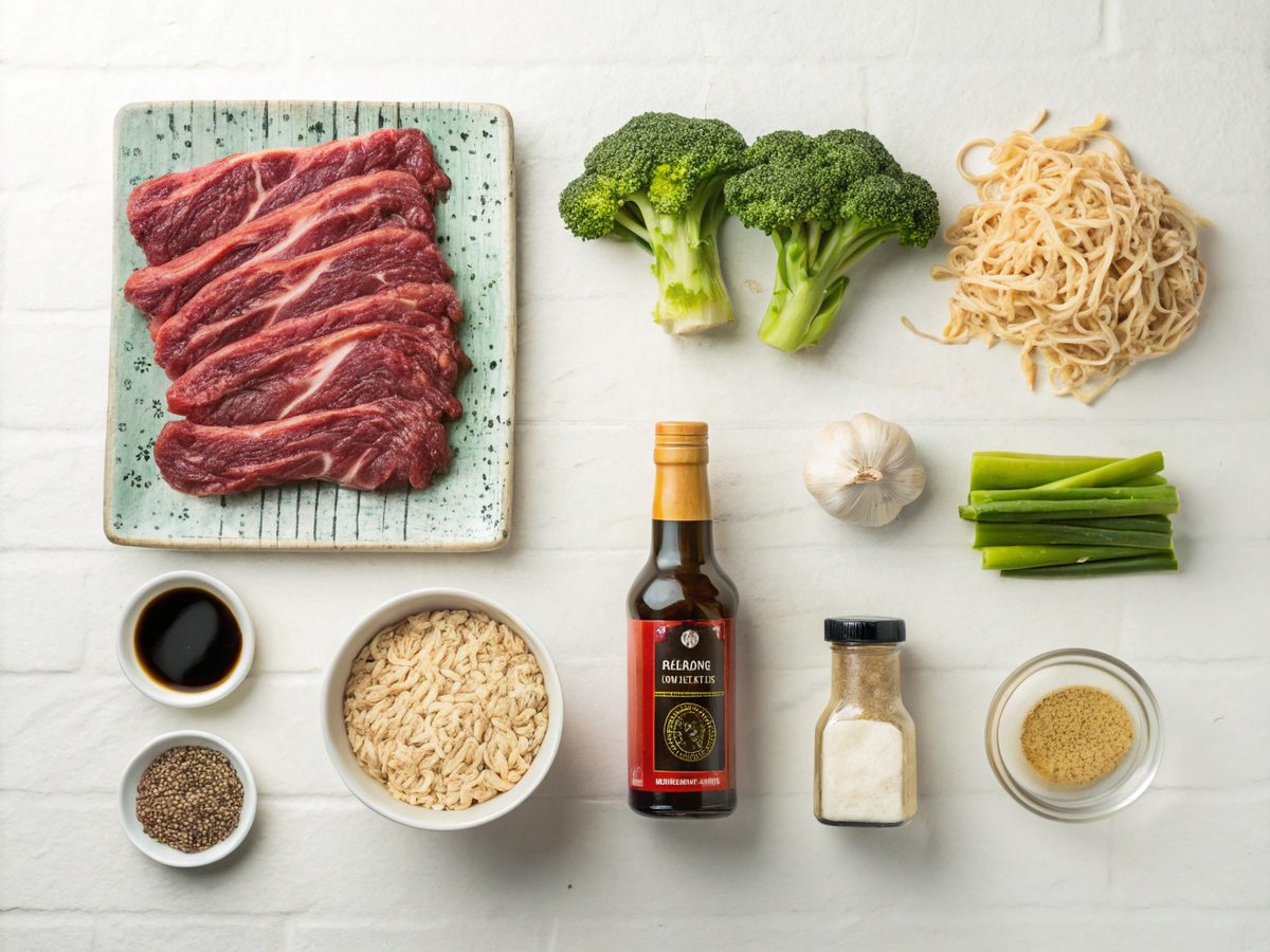 Ingredients for beef broccoli ramen stir fry laid out on a kitchen counter.