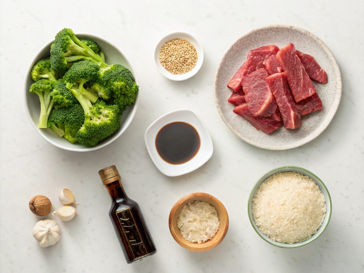 Image showing the fresh ingredients used in beef broccoli recipe with Asian flavors.