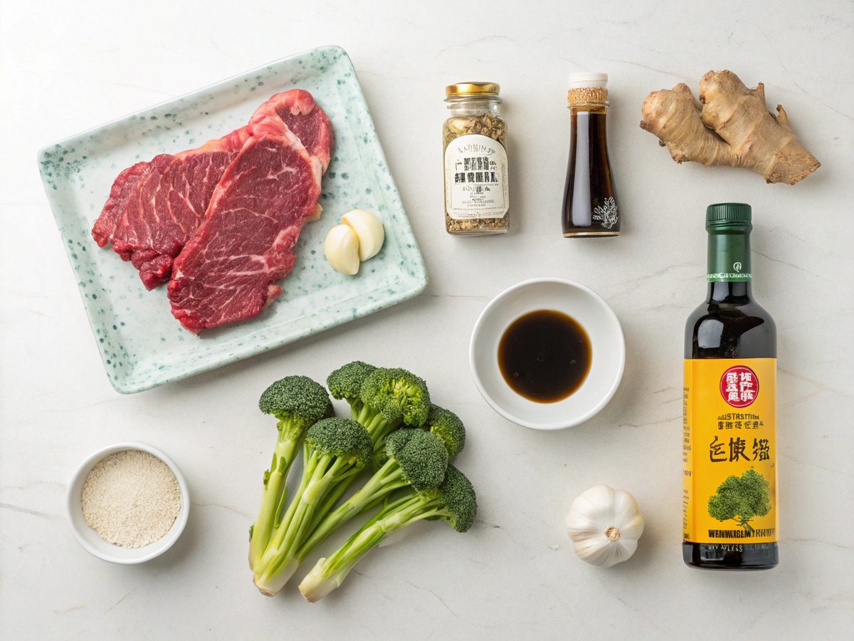 Flat lay of beef and broccoli stir fry ingredients