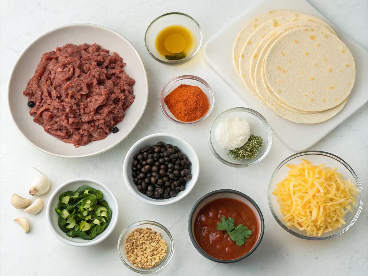 Flat lay of ingredients for beef enchilada casserole on a kitchen counter