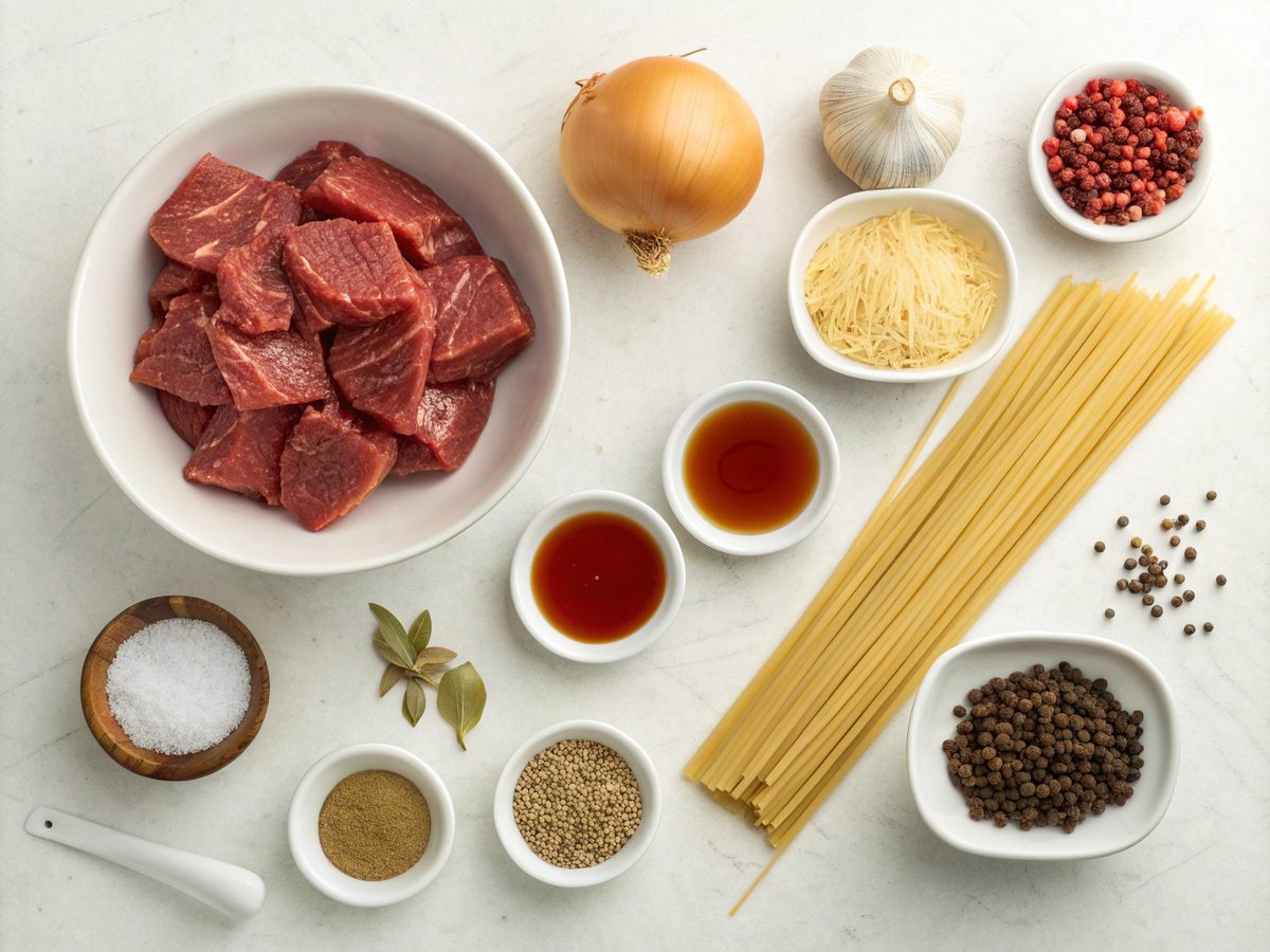 Visual of beef goulash noodles ingredients, showcasing essential components for the dish.