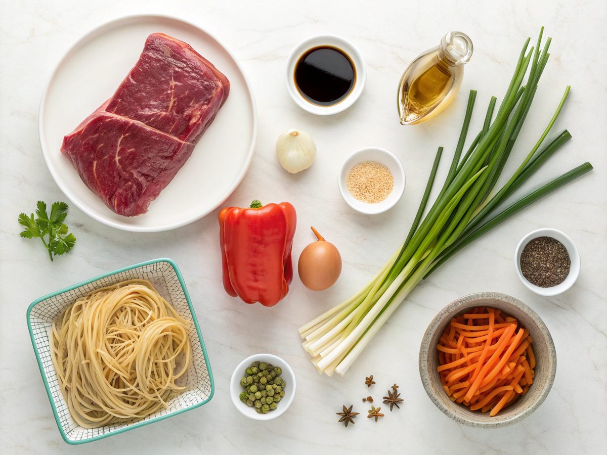 Visual display of key ingredients for the Beef Lo Mein Recipe.