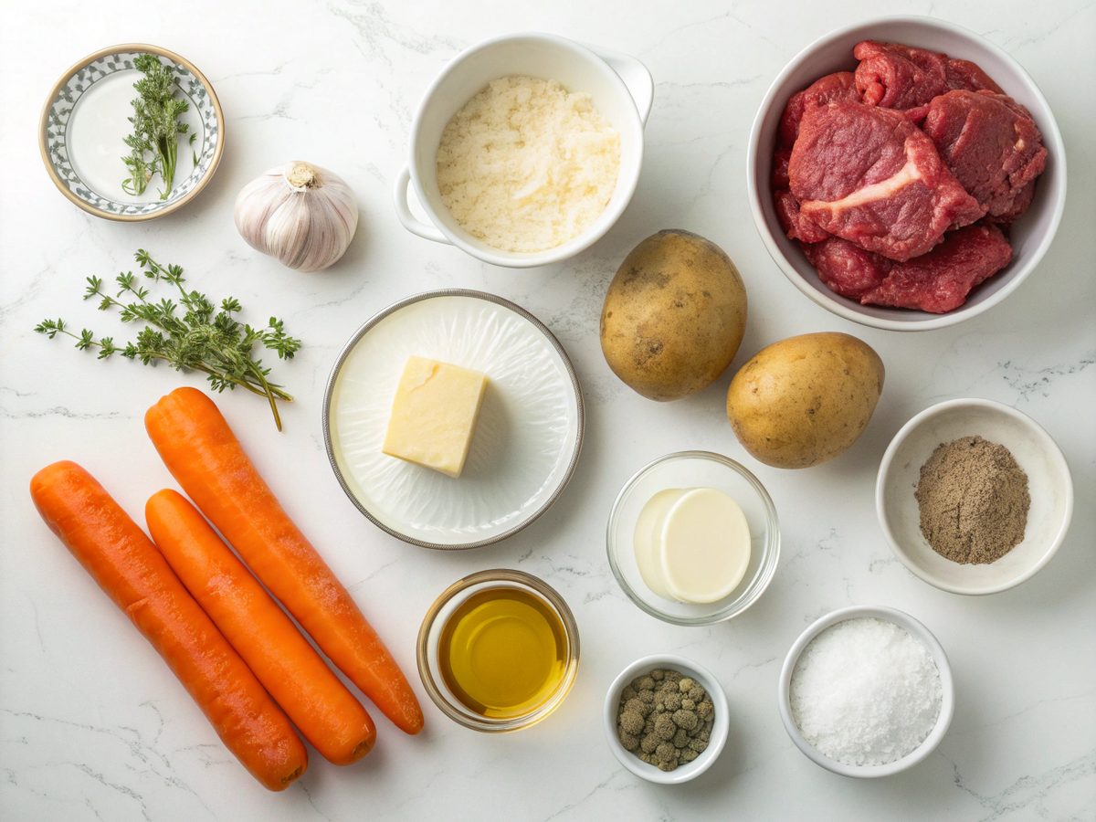 A visually arranged display of ingredients needed to make beef stew with dumplings.