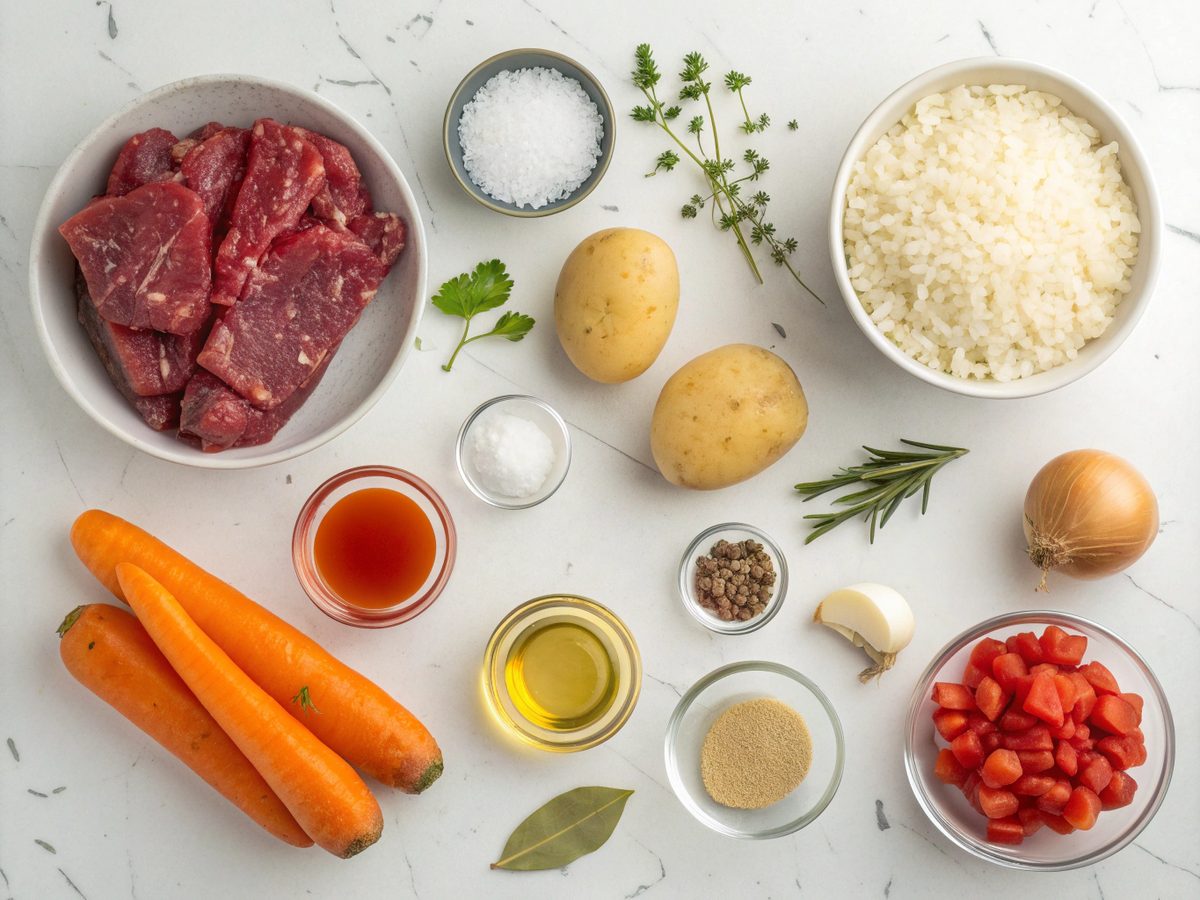 Flat lay of all necessary ingredients for making beef stew with rice.